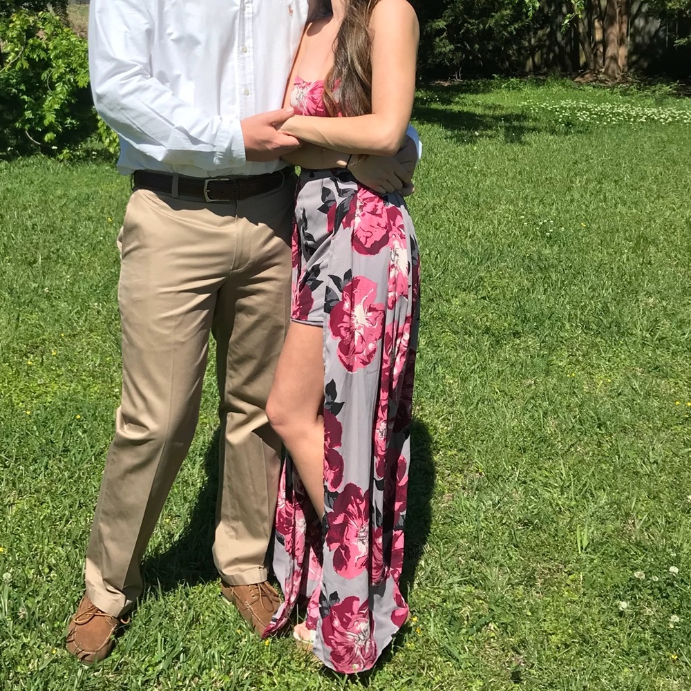 Grey with pink flower half dress half shorts.